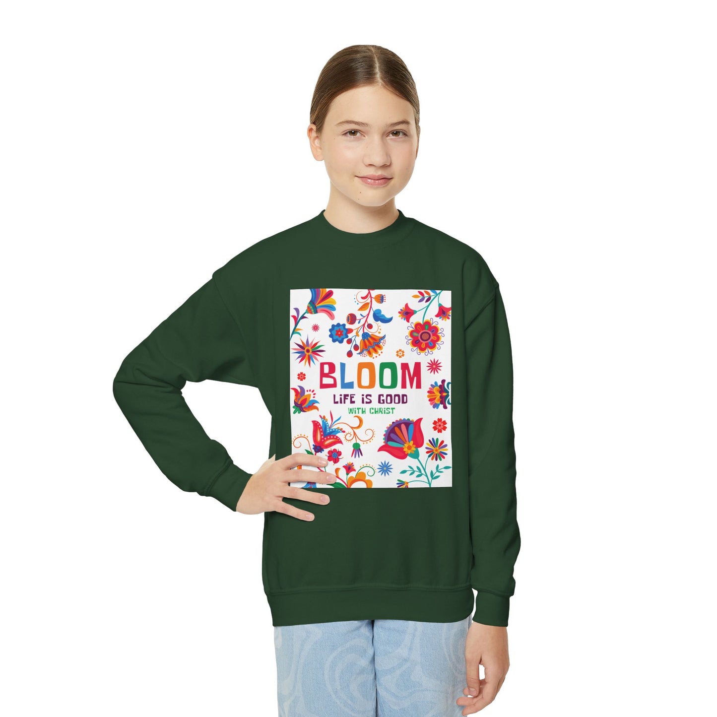 Christian Youth Crewneck Sweatshirt - 'Bloom Life Is Good with Christ'