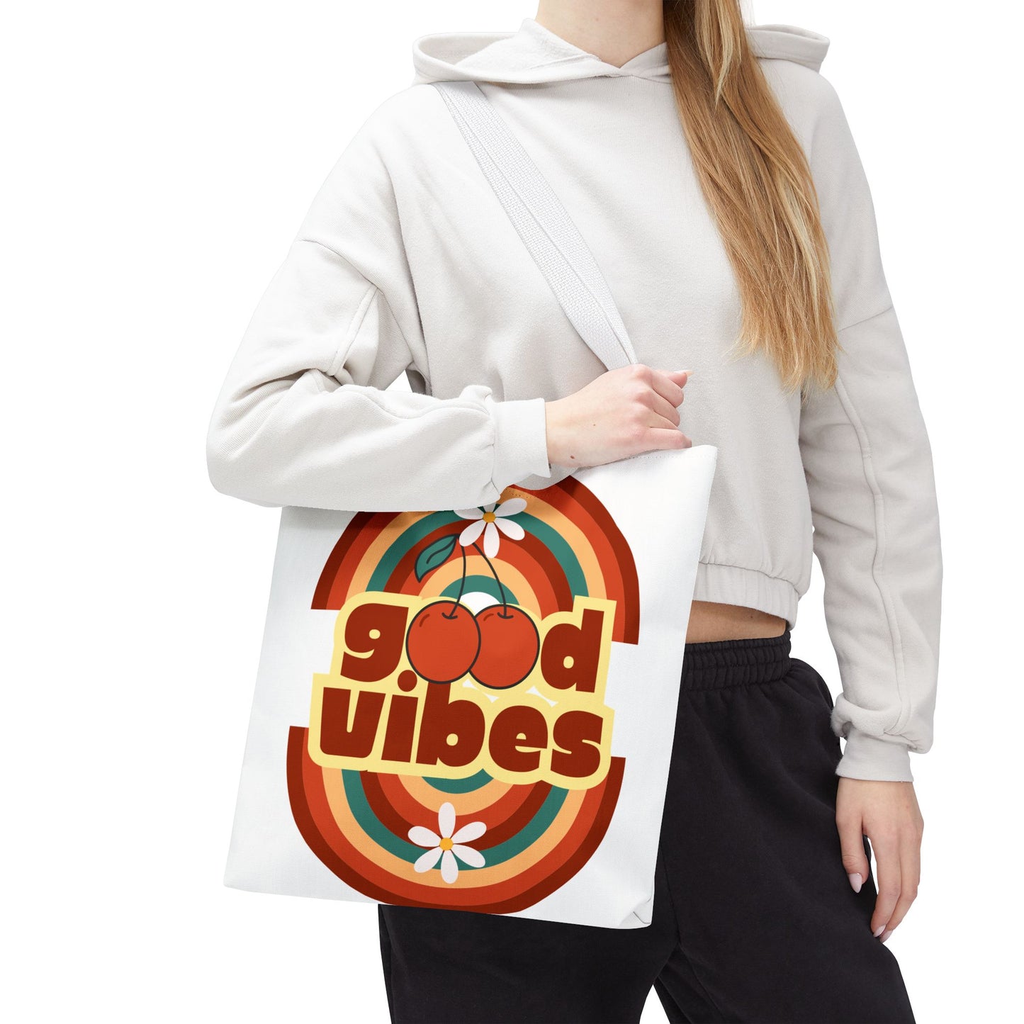 Good Vibes Retro Tote Bag, Chic Carryall, Perfect for Beach Days, Festivals, Everyday Use, Eco-Friendly Shopping