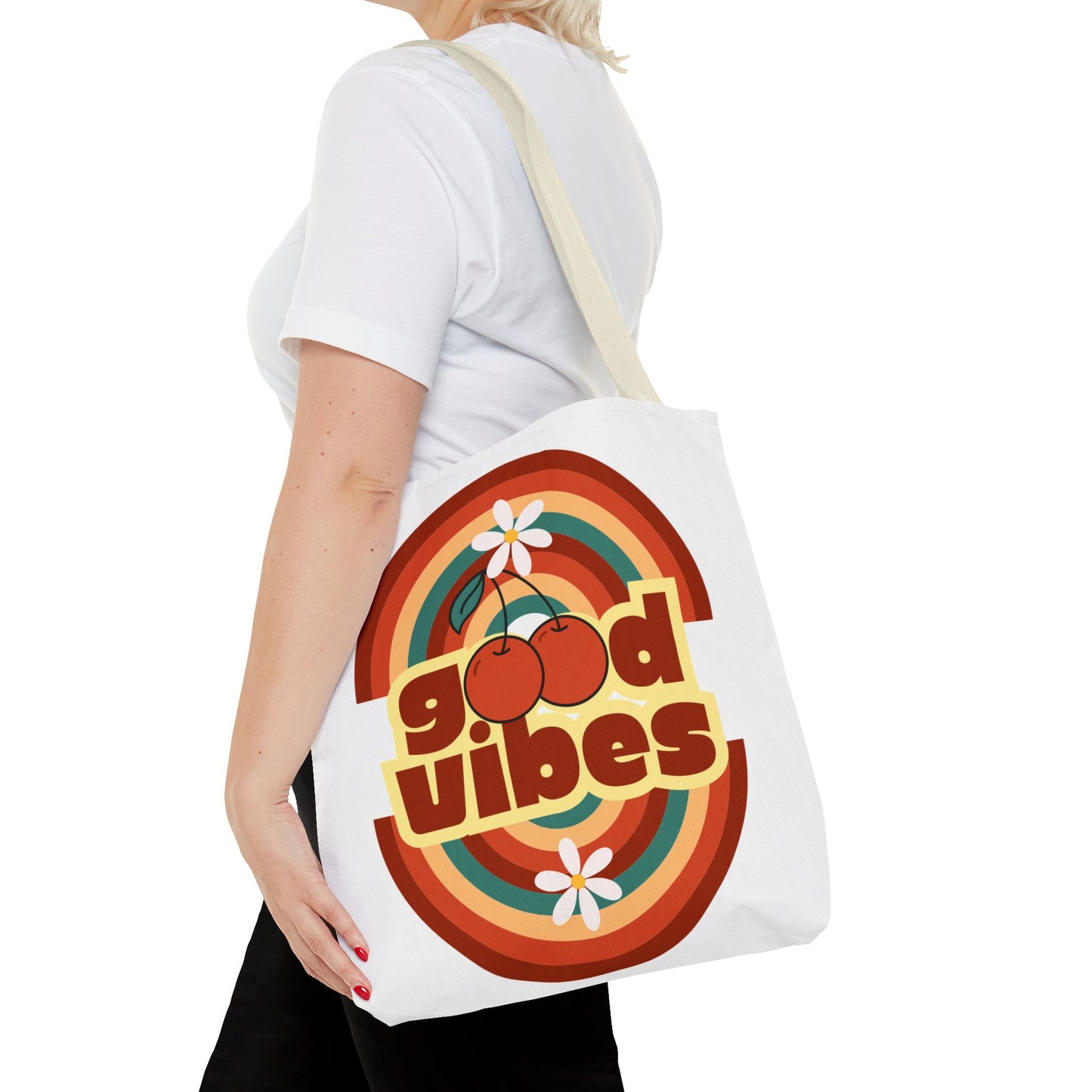 Good Vibes Retro Tote Bag, Chic Carryall, Perfect for Beach Days, Festivals, Everyday Use, Eco-Friendly Shopping