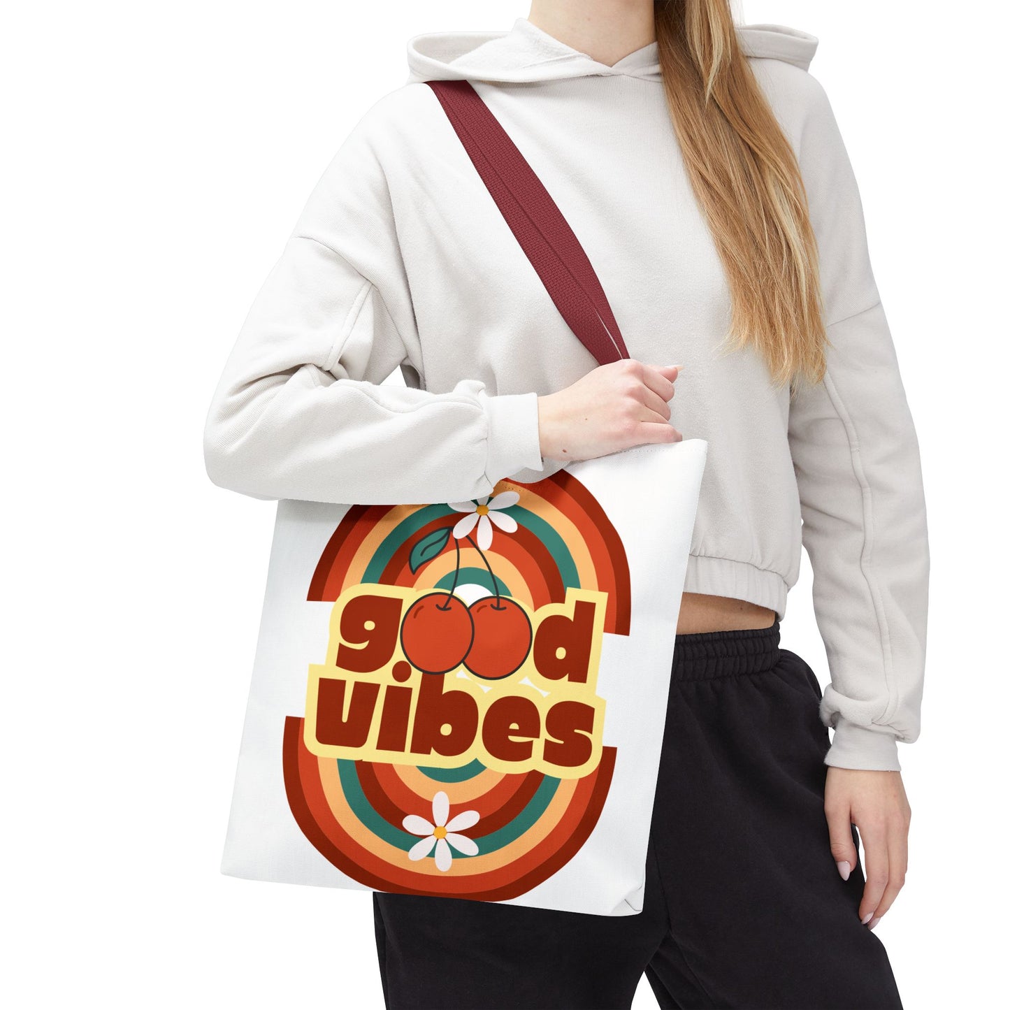 Good Vibes Retro Tote Bag, Chic Carryall, Perfect for Beach Days, Festivals, Everyday Use, Eco-Friendly Shopping