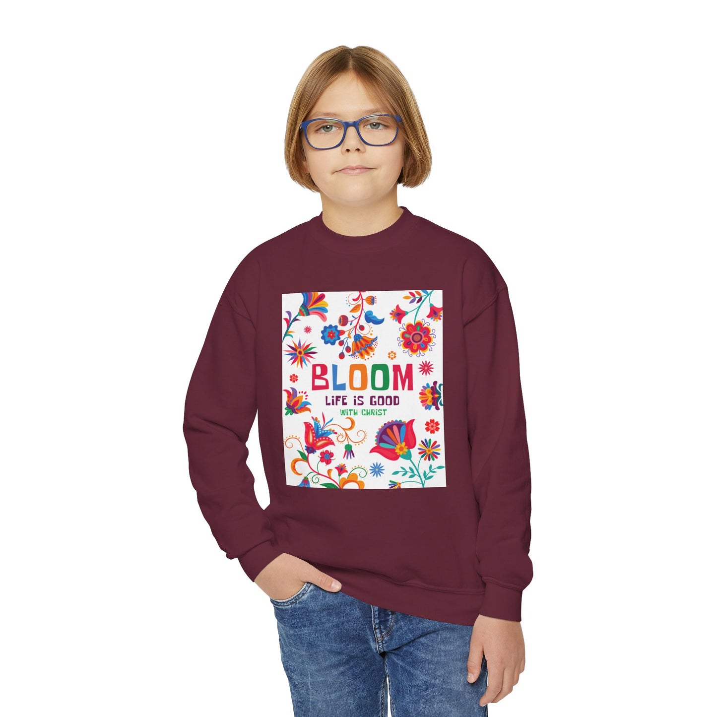 Christian Youth Crewneck Sweatshirt - 'Bloom Life Is Good with Christ'