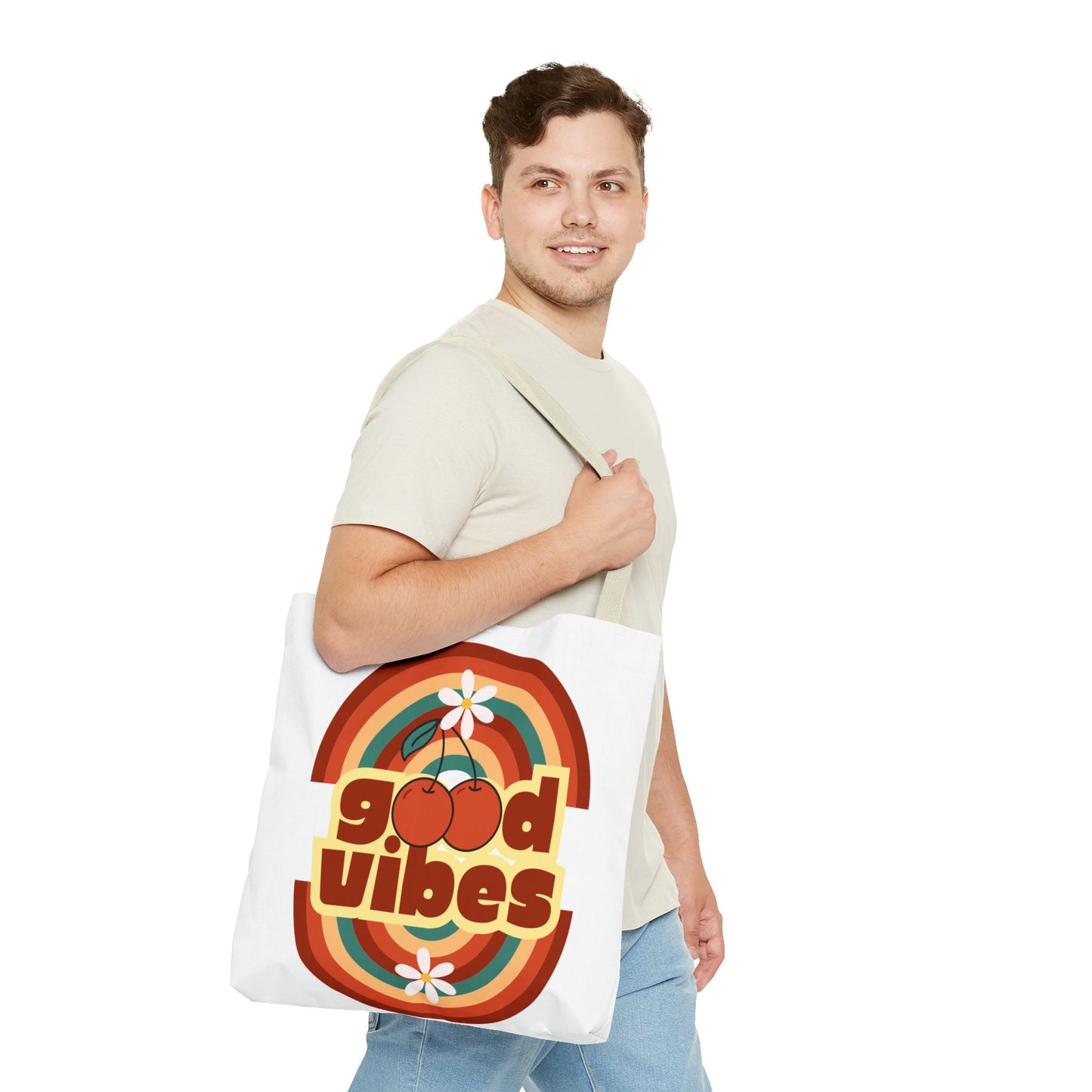 Good Vibes Retro Tote Bag, Chic Carryall, Perfect for Beach Days, Festivals, Everyday Use, Eco-Friendly Shopping