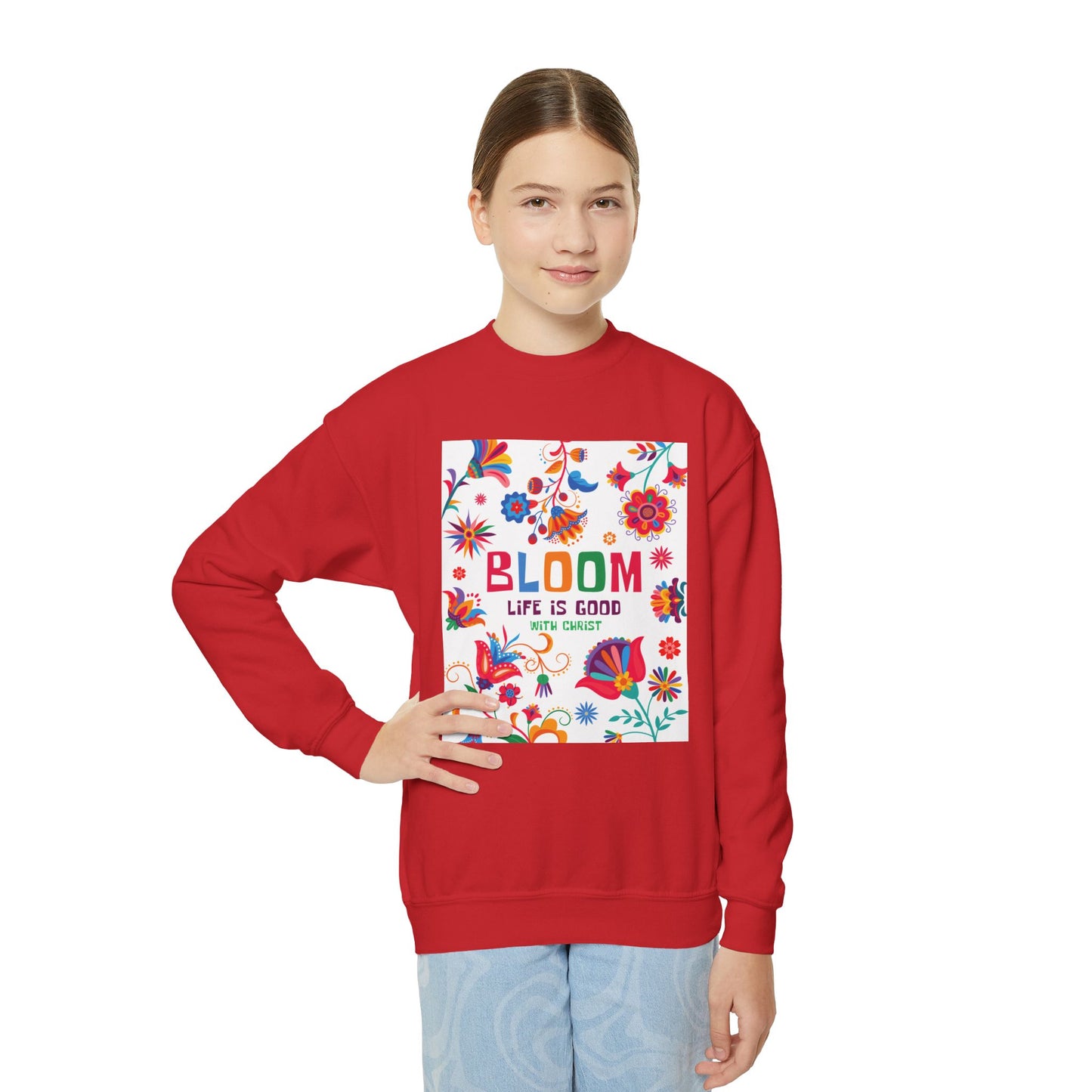 Christian Youth Crewneck Sweatshirt - 'Bloom Life Is Good with Christ'