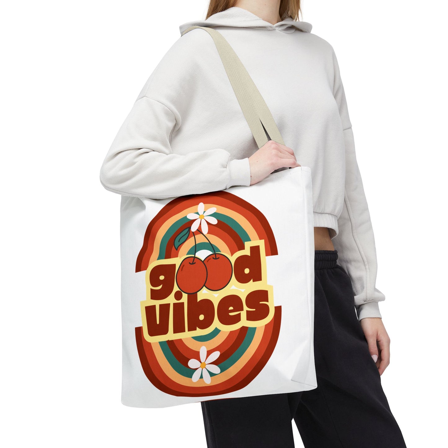 Good Vibes Retro Tote Bag, Chic Carryall, Perfect for Beach Days, Festivals, Everyday Use, Eco-Friendly Shopping