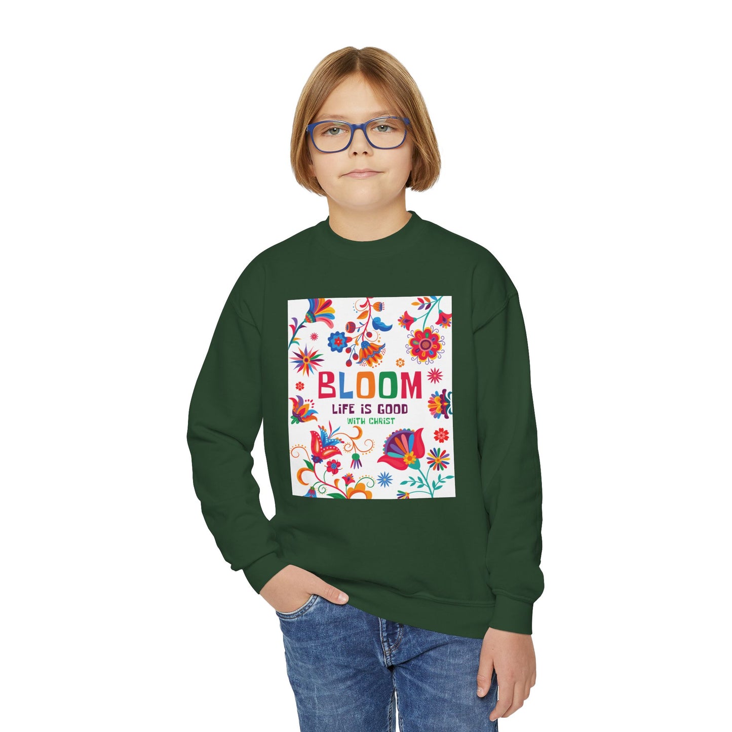Christian Youth Crewneck Sweatshirt - 'Bloom Life Is Good with Christ'