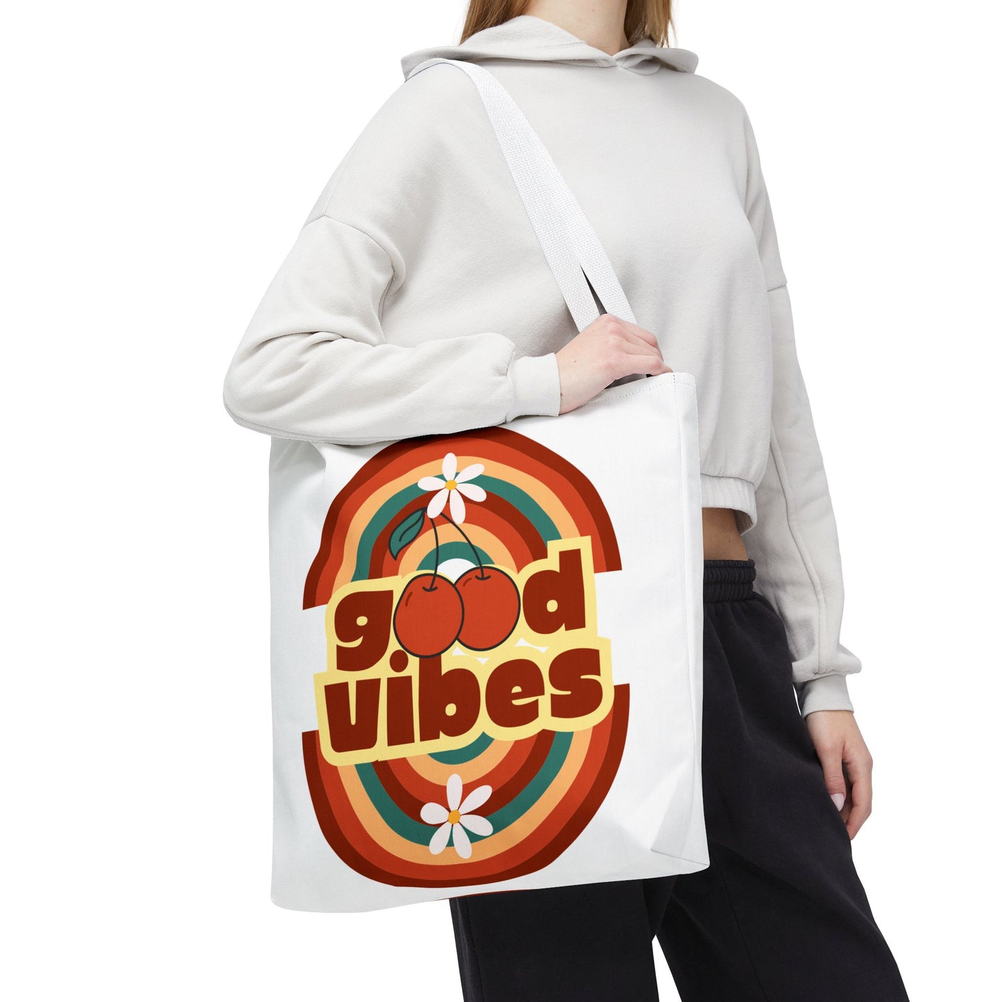 Good Vibes Retro Tote Bag, Chic Carryall, Perfect for Beach Days, Festivals, Everyday Use, Eco-Friendly Shopping