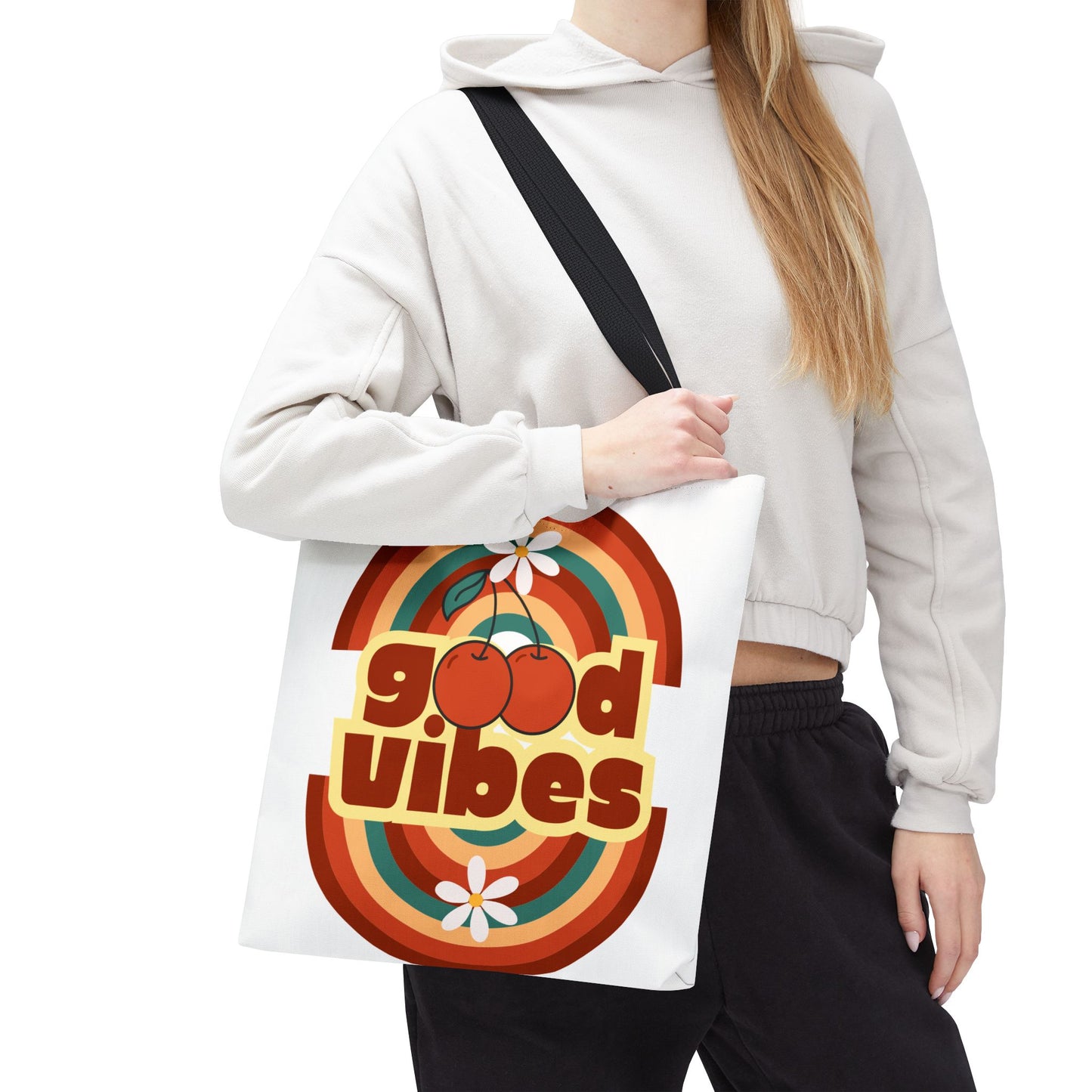 Good Vibes Retro Tote Bag, Chic Carryall, Perfect for Beach Days, Festivals, Everyday Use, Eco-Friendly Shopping