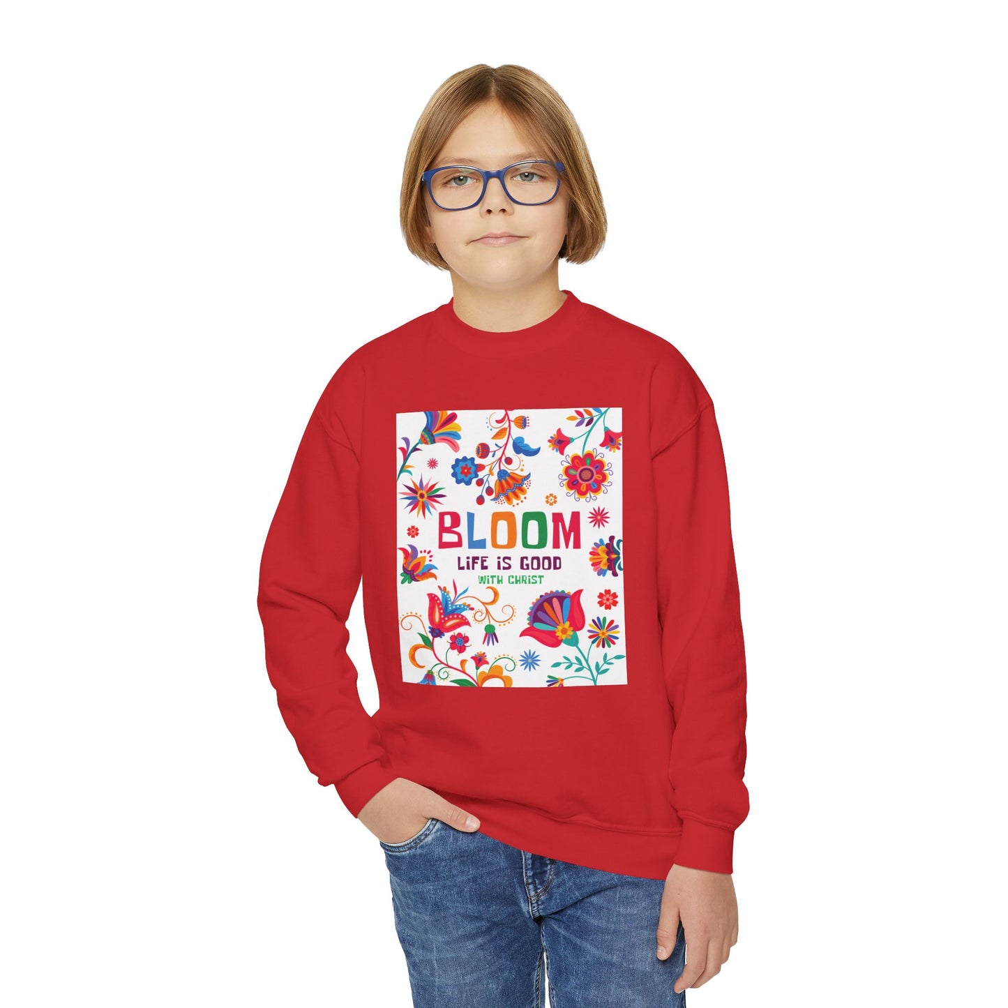Christian Youth Crewneck Sweatshirt - 'Bloom Life Is Good with Christ'